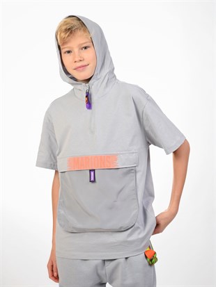 Erkek Çocuk Kanguru Cepli Kapşonlu Gri T-Shirt