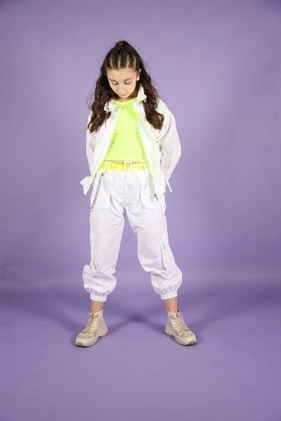 Kız Çocuk Neon Detaylı Beyaz Ceket