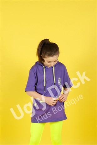 Kız Çocuk Önü Cepli Kapşonlu Mor Tişört