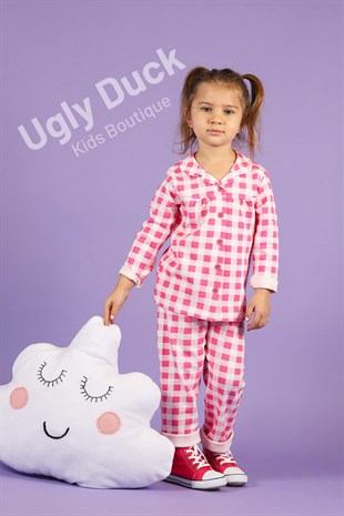 Kız Çocuk Pembe Ekose Pijama Takım